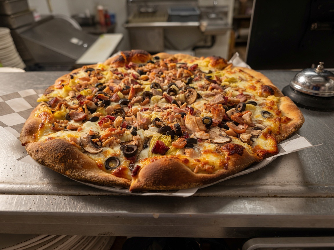 Loaded pizza with chicken, bacon, mushroom and olives