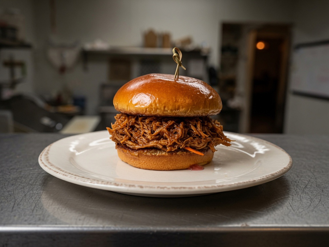 Pulled pork sandwich on a brioche bun